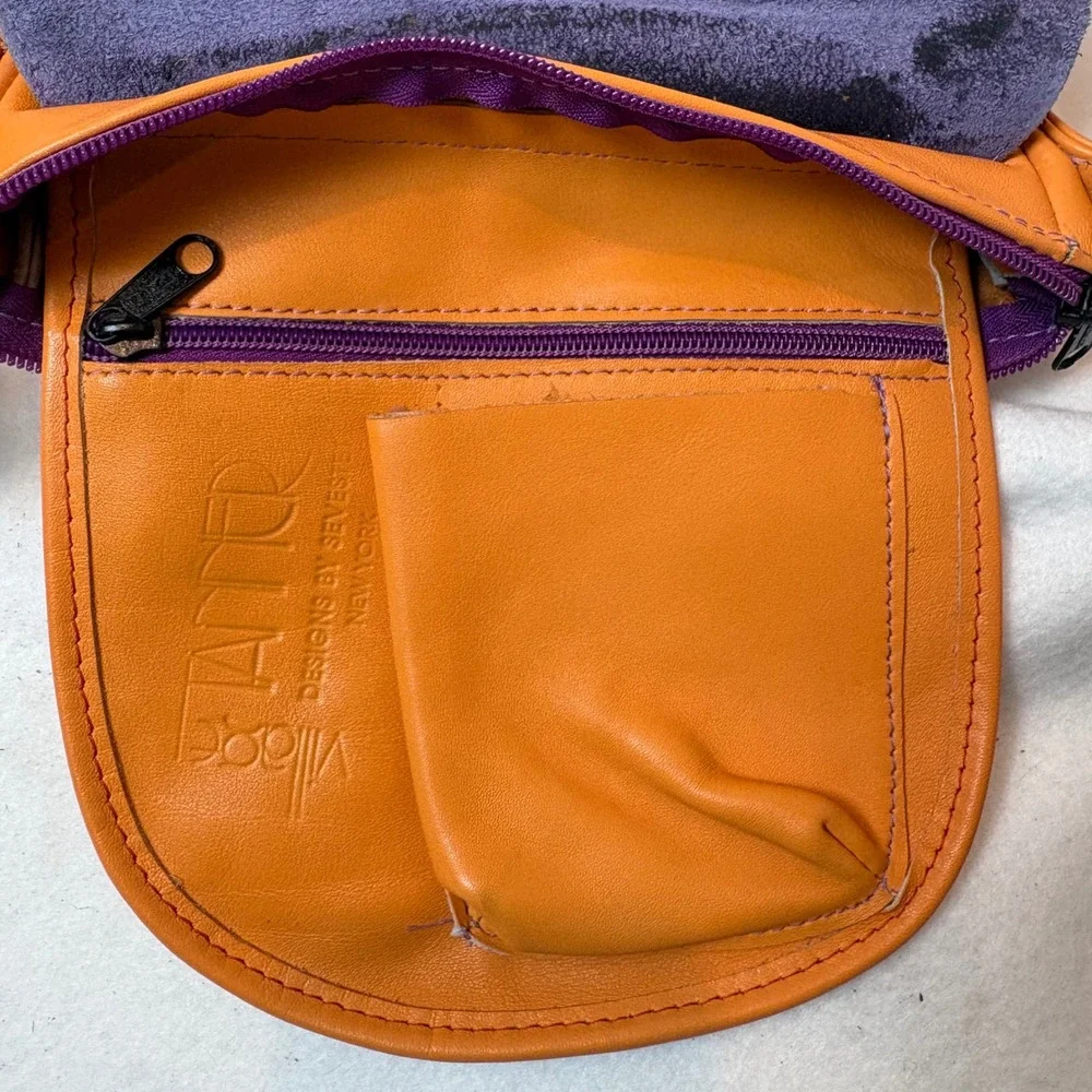 Vintage Boho Orange Leather Purple Fringe Crossbody Bag Village Tannery NYC